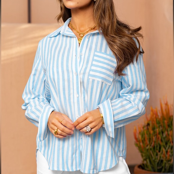 NWT x JJD By the Shore Striped Shirt Striped Blue and White Button-Up Shirt - Picture 4 of 15